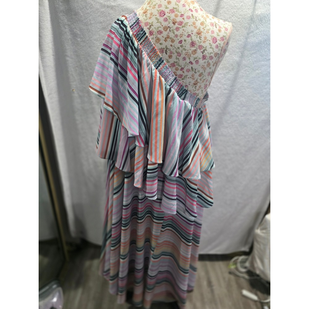 Anthropologie Striped One Shoulder Ruffle Tiered Maxi Dress Multi Color Boho - Picture 8 of 9